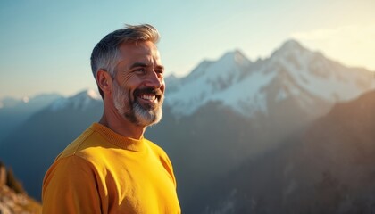 Bearded man with gray hair smiles wearing yellow sweater on mountain top. He enjoys sunny day outdoor with snowy peaks background. Active senior man, mountain hiker, enjoying scenic view.