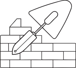 Brick wall with masonry trowel line art vector illustration symbolizing craftsmanship and construction repair