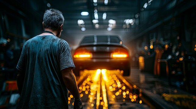 A mechanic stands in a dimly lit workshop, facing away from the camera, as sparks fly from beneath a car elevated on a lift.