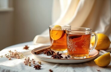 Two cups of hot tea with lemon and spices sit on table. Cozy autumn winter drinks for health and warmth. Refreshing herbal infusion with star anise and cinnamon stick.