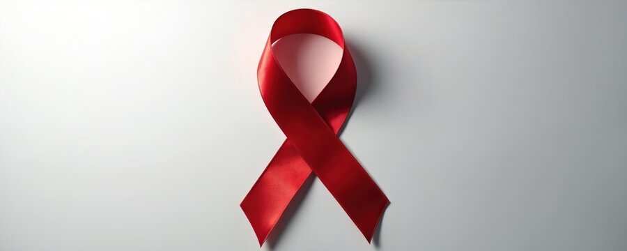 Red ribbon symbol for awareness. Represents support for health issues and disease prevention campaigns. Used for fundraising and charity events promoting solidarity.