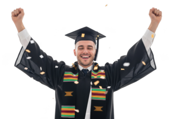 Joyful male graduate wearing academic regalia and cap celebrating achievement with arms raised high in the air isolated on transparent background