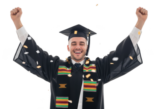 Joyful male graduate wearing academic regalia and cap celebrating achievement with arms raised high in the air isolated on transparent background - Powered by Adobe