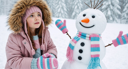 A young girl in a pink winter coat stands next to a cute snowman and dreaming. Cute child with an expression of wonder. Winter season and holiday fun