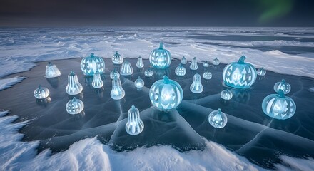 Icy Jack O'Lantern Display on Frozen Lake Under Aurora Borealis Spectacle: A Mesmerizing Arctic Halloween Illusion