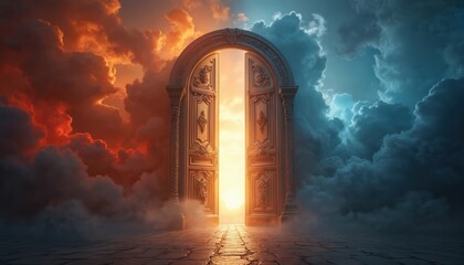 Fototapeta na wymiar Large, open double doors with intricate carvings stand between contrasting cloudy skies, judgment transition to afterlife. Doors surrounded by bright, radiant light, representing hope, salvation.