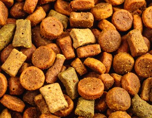 Close-up view of various shaped, textured dry food pieces. Mixed shapes and colors, some appear to be kibble