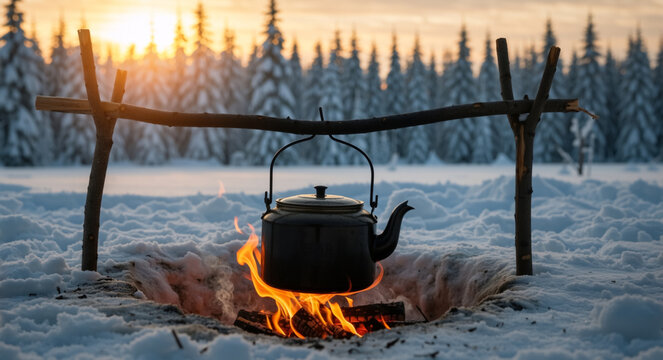 A black kettle boiling water over a campfire in a snowy winter landscape. Outdoor cooking during a camping adventure at sunset in the forest - Powered by Adobe