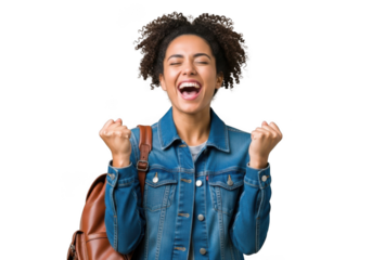 Joyful young woman with curly hair wearing a denim jacket and backpack celebrating success isolated on transparent background