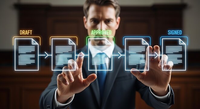 Business process automation with documents workflow and businessman pressing virtual screen - Powered by Adobe