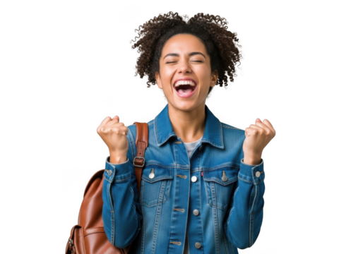Joyful young woman with curly hair wearing a denim jacket and backpack celebrating success isolated on transparent background