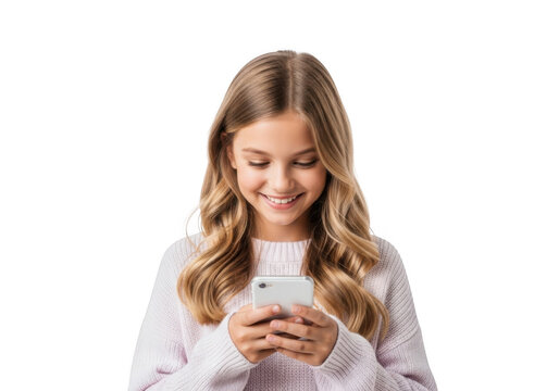 Young girl with blonde wavy hair smiling while holding a smartphone and looking down at the screen isolated on transparent background