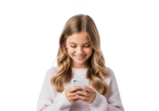 Young girl with blonde wavy hair smiling while holding a smartphone and looking down at the screen isolated on transparent background