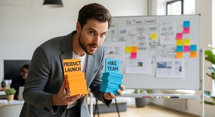 Confident businessman presents product launch and hiring plans in modern office space