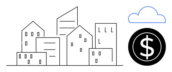 Minimalistic cityscape with diverse buildings, a coin symbolizing finance, and a cloud for technology. Ideal for urban development, economy, investments, cloud computing, housing, technology smart