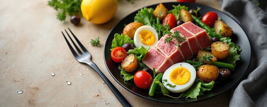 Plate of Nicoise salad with seared tuna steak and boiled eggs, served with roasted baby potatoes, olives, tomatoes, and green beans on lettuce. Healthy meal with protein and fresh vegetables.