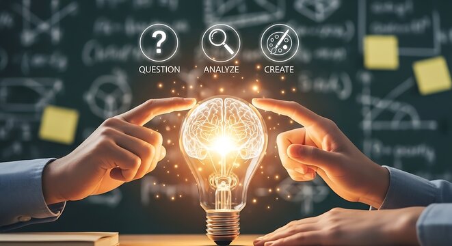 Creative idea generation showing brain inside a light bulb with hands