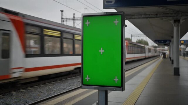 A blank green screen billboard with tracking markers on a train station platform as a train passes by.