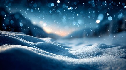 Winter snowfall covering a landscape with soft light and a serene atmosphere, winter blurred background