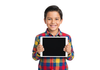 Obraz premium Young boy with a cheerful expression holding a blank tablet computer for digital content presentation isolated on transparent background