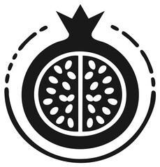 Pomegranate fruit icon cut in half showing seeds. Black and white vector graphic food symbol or minimalist logo.