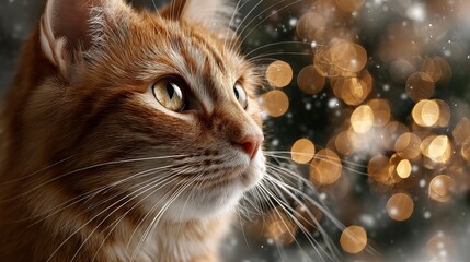 Close up portrait of a ginger red cat with green eyes sitting indoors against warm golden bokeh lights cozy festive pet photography background