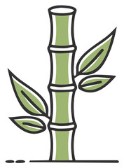 Stylized Bamboo Stalk and Green Leaves with Black Outline for Creative Asian Design