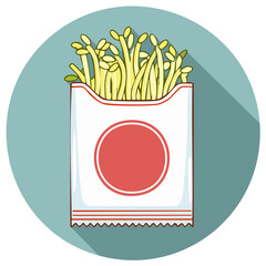 Flat design illustration of golden crispy french fries in a red and white paper carton with long shadow