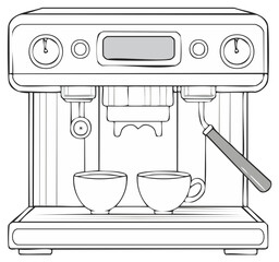 Black and white line art illustration of a professional espresso machine brewing coffee into two cups