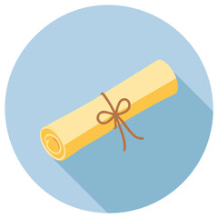 Isometric illustration of a rolled scroll tied with a brown string, set against a blue circle.