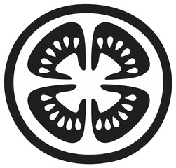 Minimalist black and white vector illustration of a fresh tomato slice showing inner segments and seeds.