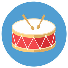 Illustration of a Red Drum with Drumsticks on Blue Background Music Instrument Icon Flat Design Percussion, Celebration Rhythm