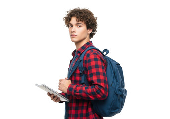 Young man with curly brown hair wearing a red and black plaid shirt and a blue backpack holding a tablet isolated on transparent background