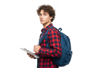 Young man with curly brown hair wearing a red and black plaid shirt and a blue backpack holding a tablet isolated on transparent background