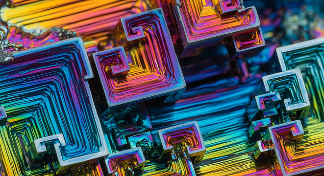 Iridescent bismuth crystal abstract macro with vibrant metallic hues.