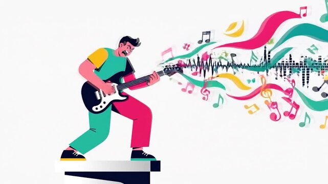 Energetic Guitarist Playing Music, Sound Waves, Colorful Abstract Illustration.