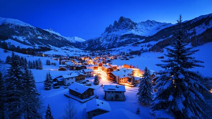 Scenic winter village nestled in snowcovered mountains at twilight hour