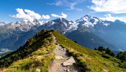 A winding dirt path leads over a ridge towards majestic, snow-capped mountain peaks under a bright, partly cloudy sky