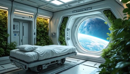 Futuristic space habitat interior with medical bed and green plants. Earth visible through large round window. Zero gravity medical bay offers tranquil view.