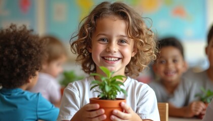 Smiling child holds small plant pot. Kids in classroom learn about nature, growth, and eco education. Young girl smiles, feeling happy, showing a new plant.