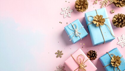 blue and pink holiday gift scene with pinecones and snowflake ornaments on pastel background