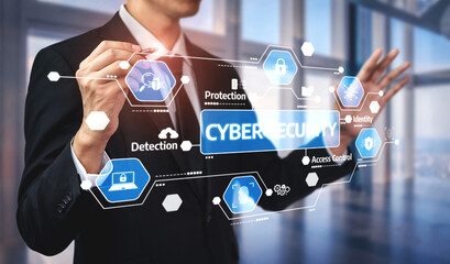 A businessman engages with a digital interface representing cybersecurity concepts, emphasizing the importance of data protection, threat detection, and access control. Tessel