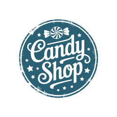 Retro candy shop logo with swirl lollipop and stars