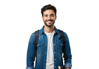 Young caucasian man with beard wearing denim jacket and backpack smiling confidently isolated on transparent background