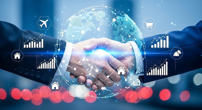Global business partnership handshake with digital world network and data growth
