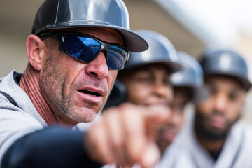 Baseball coach giving instructions to his team in dugout