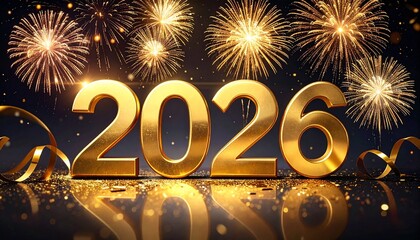 2026 New Year celebration with gold glitter numbers and fireworks