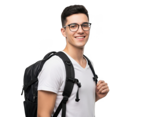 Young male student wearing glasses and a white t shirt carrying a black backpack isolated on transparent background
