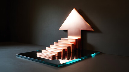 A copper arrow ascends a staircase on a glass platform, representing growth, progress, and upward mobility in business and personal development