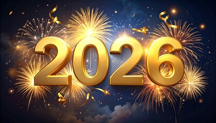 2026 New Year celebration with gold glitter numbers and fireworks